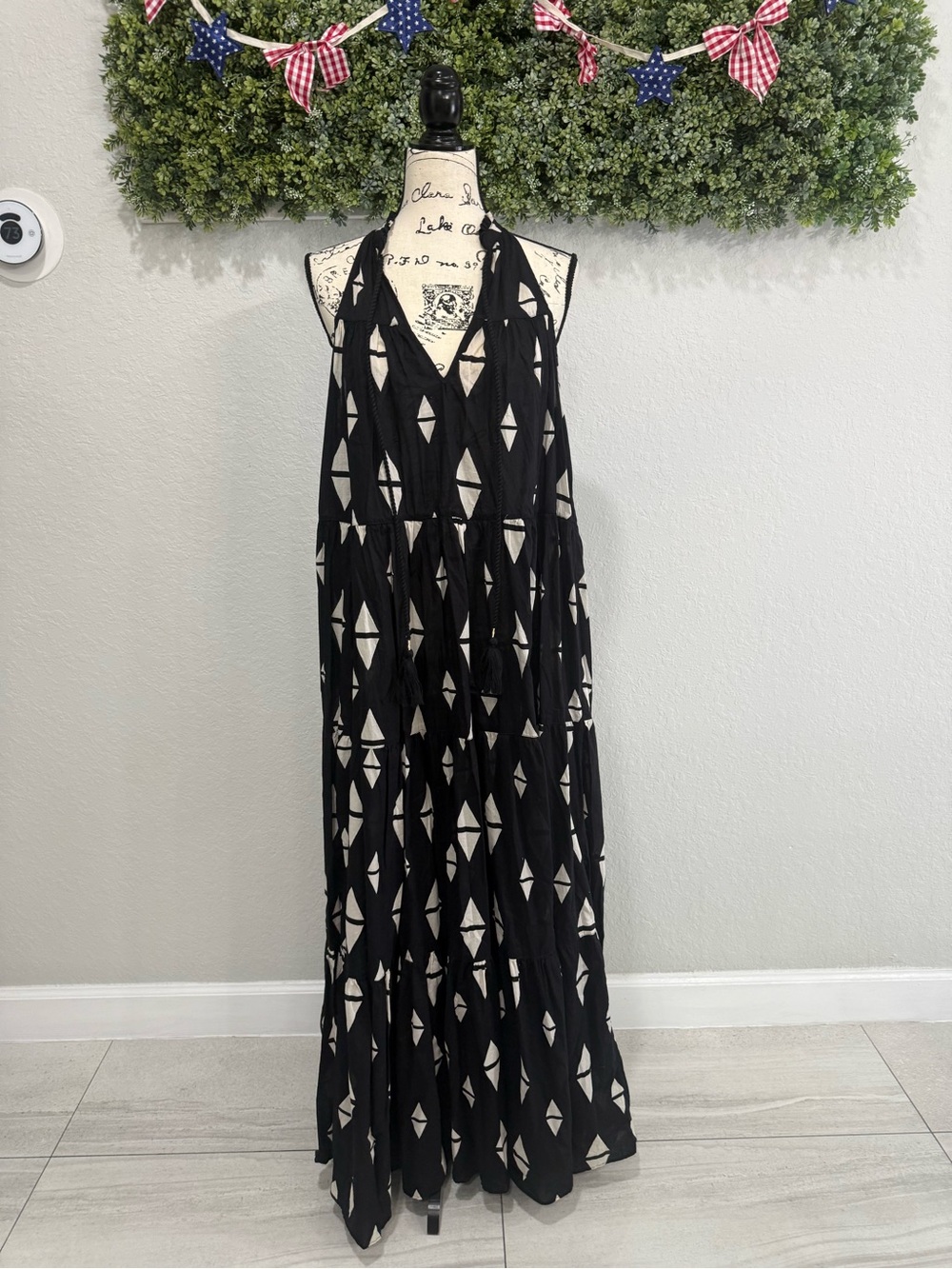 H&M Black Halter Maxi Dress with Cream Geometric Print
